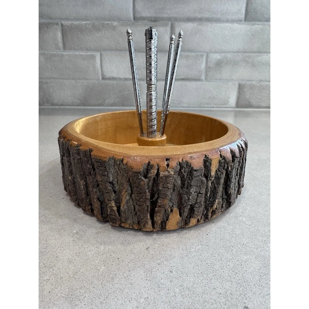Ellwood Rusticware Vintage Wood Nut Bowl With Nutcracker And 4 Picks